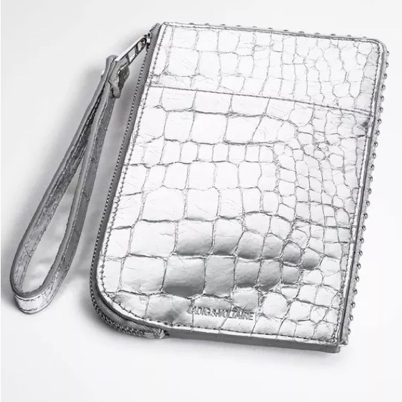 Zadig & Voltaire Silver Croc Embossed Phone Wallet Wristlet and AirPod Case Set - Picture 4 of 16
